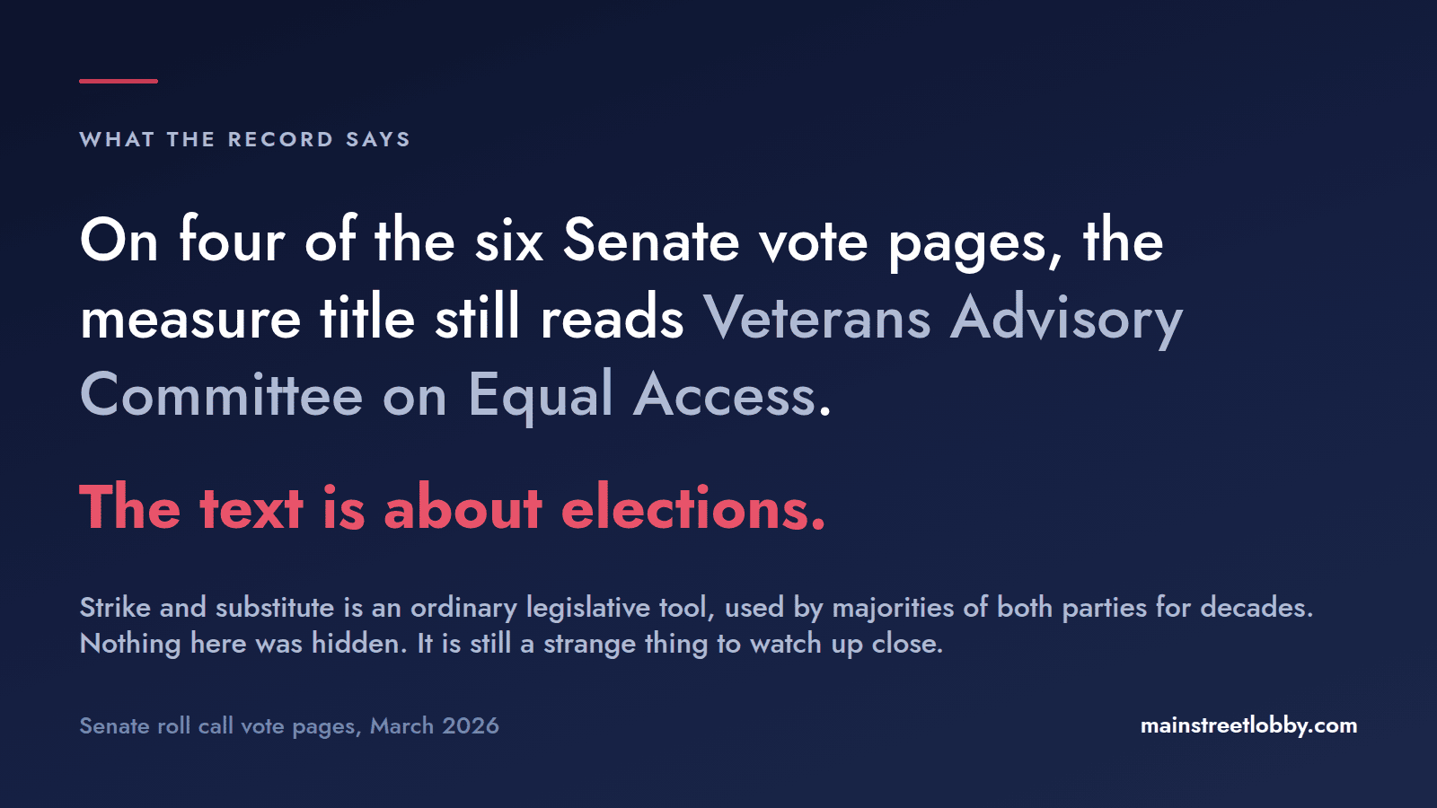 On four of the six Senate vote pages the measure title still reads Veterans Advisory Committee on Equal Access. The text is about elections.
